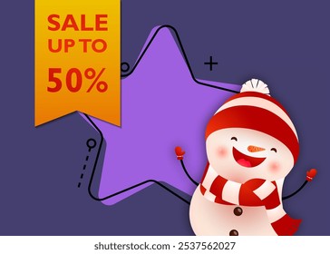 Sale banner design with laughing snowman. Creative design of sale sign with funny cartoon character of snowman in cap and scarf on abstract background. Can be used for sales, shopping, banners