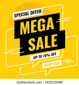 Sale Banner Design. Mega sale special offer, Up to 70% OFF, SHOP NOW. Vector illustration