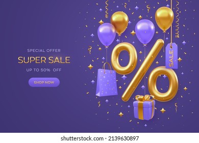 Sale Banner Design On Purple Background. Realistic Gold 3D Percentage Symbol With Shopping Bag, Price Tag, Gift Box With Golden Bow, Fly Helium Balloons And Glitter Confetti. Vector Illustration.