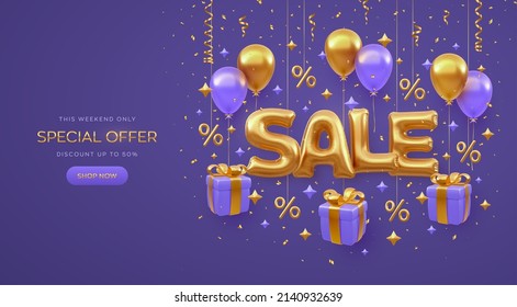 Sale Banner Design On Purple Background. Golden Sale Word With Fly Helium Balloons, Gift Boxes With Golden Bow. Gold Percent Symbols And Glitter Confetti. Realistic 3d Objects. Vector Illustration.