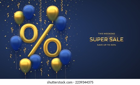 Sale banner design. Realistic gold 3D Percentage symbol with blue and gold fly helium balloons and falling confetti on blue background. Advertising poster or flyer. Realistic vector illustration.