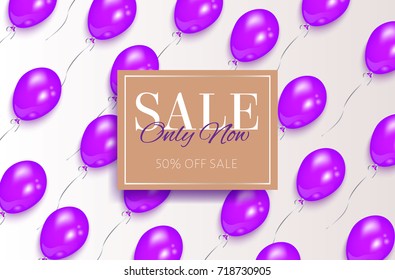 Sale banner design with shiny purple balloons flying diagonally and rectangular frame, vector illustration. Sale banner, flyer, poster template design with square element for text and shiny balloons