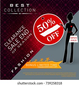 Sale Banner Design for shop, online store. Best collection. Clearance sale end of season. Discount upto 50% off. Fashion. Bonus limited time. Vector illustration..
