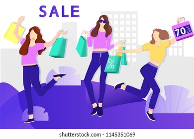 SALE banner design. Shopping girls with sale fashion bags. Vector illustration.