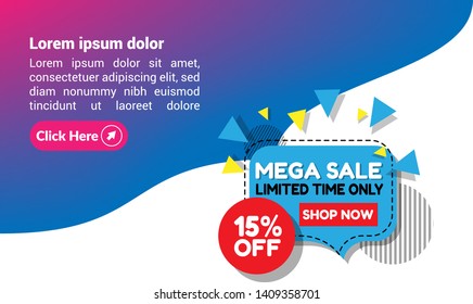 Sale banner design template, discount tag 15% off,limited offer,mega sale - vector illustration