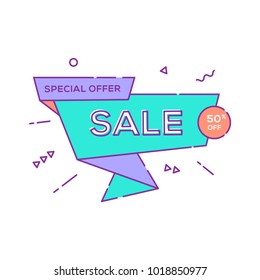 Sale banner design template. Flat line geometric speech bubble special offer discount vector illustration.