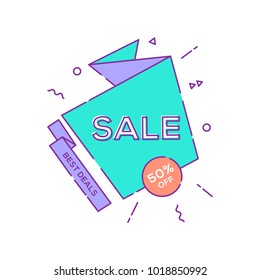 Plantilla de diseño de banner de venta. La burbuja de habla geométrica de línea plana especial ofrece ilustración vectorial de descuento.