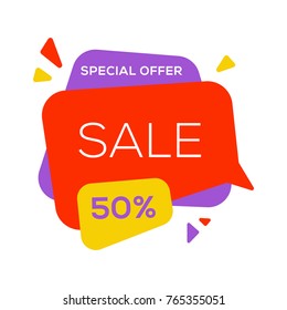 Sale banner design template. Flat speech bubble special offer discount vector illustration.