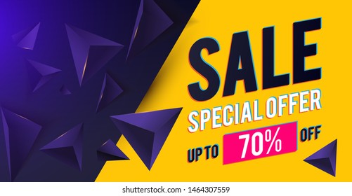 Sale banner design template with realistic 3D triangles and light. Super offer. Big sale. Motion space.