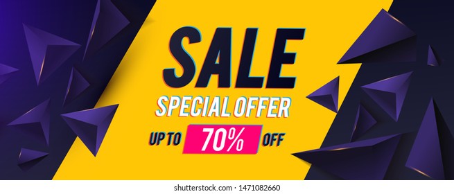 Sale banner design template with realistic 3D triangles and light. Super offer. Big sale. Motion space.