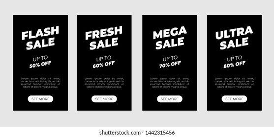 Sale banner design template set. Clean flyer on black background. Flash fresh mega ultra discount retail offer poster. Vector marketing promo coupon illustration