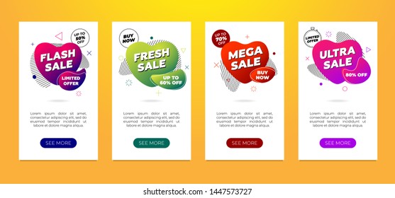 Sale banner design template set. Dynamic modern gradient fluid flyer on white background. Flash fresh mega ultra discount retail offer liquid shape poster. Vector marketing promo illustration