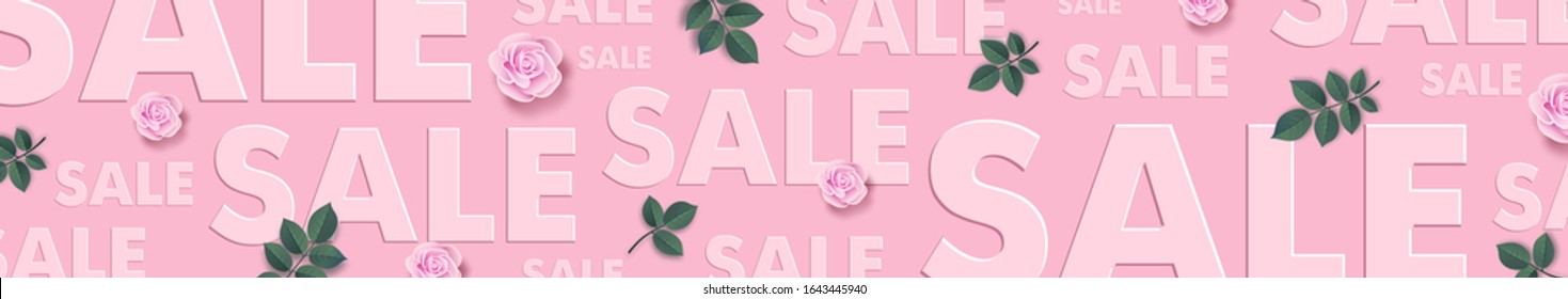 Sale banner design template. Vector illustration with pink roses and green leaves