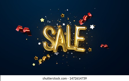 Sale banner design. Vector 3d illustration of promotional ad label. Realistic golden sale sign with festive confetti particles, shiny glitters, ribbons and stars. Wholesale or discount offer.