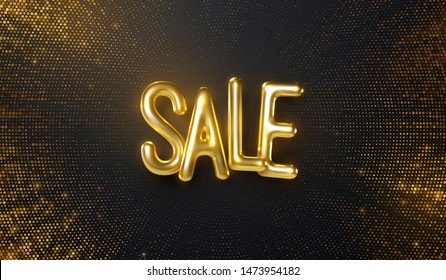Sale banner design. Vector 3d illustration of promotional ad poster. Abstract background with bursting glitters shape and golden sign. Wholesale or discount offer.