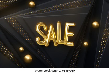 Sale banner design. Vector 3d illustration of promotional ad poster. Abstract modern background with geometric triangle shapes, spheres and golden sign. Wholesale or discount offer.