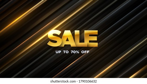 Sale banner design. Vector 3d illustration of promotional ads poster. Abstract background. Golden SALE sign on layered black and gold background. Discount offer.