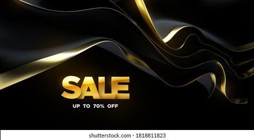 Sale banner design. Vector 3d illustration of promotional ads poster. Abstract background. Golden SALE sign with black and gold streaming fabric. Discount offer.