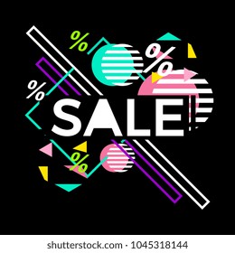 sale banner design vector. Popular Memphis colorful hot new 2018 style. Punchy pastel colors summer design with decorative abstract shapes.