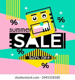 sale banner design vector. Popular Memphis colorful hot new 2018 style. Punchy pastel colors summer design with decorative abstract shapes.