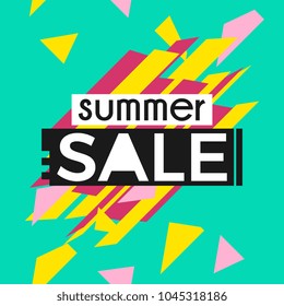 sale banner design vector. Popular Memphis colorful hot new 2018 style. Punchy pastel colors summer design with decorative abstract shapes.