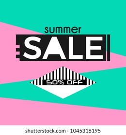 sale banner design vector. Popular Memphis colorful hot new 2018 style. Punchy pastel colors summer design with decorative abstract shapes.