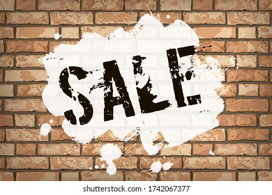 Sale banner design with white paint stain on grunge brick wall background. Black Friday, sale graphic poster. Vector illustration design template for flyer, shopping, discount, web
