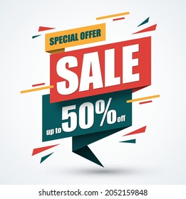 Sale banner. Discount label. Special offer design template. Up to 50 percent off vector background.