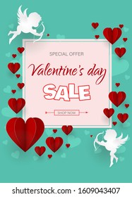 Sale banner with discount offer for Happy Valentine's Day celebration. Discount banner for Valentine's day, red hearts in paper style, cute angels, Cupid, modern design. Can be used for Valentine's da