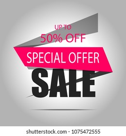 Sale banner. Discount poster on a light background, Sale tag, label, badge. Special offer. Up to 50% off. Vector illustration, eps10
