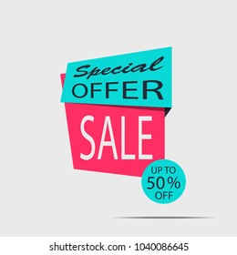 Sale banner. Discount poster, Sale tag, label, badge. Special offer, Up to 50% off. Vector illustration, eps10