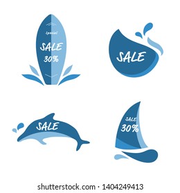 sale banner, discount tag, element design for logo, summer festival vector by hand draw with blue drop water splash, promotion on white background for all purpose decoration