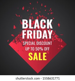 Sale banner with effect explosion and text on black background. Black friday banner with flying particles. Vector isolated illustration. Special discount. Design template. For web design and printing.