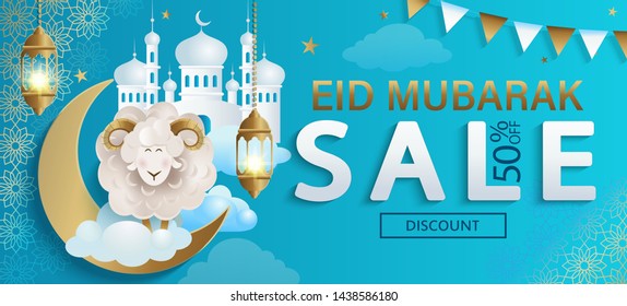 Sale Banner for Eid Mubarak, half price discount flyer for shopping on traditional muslim holiday.Card with sheep, moon, lighting lamp and mosque silhouette for promotions and offers.Promo fo ramadan.