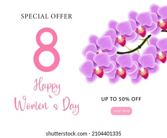 Sale banner elegant design for international women's day symbol of march 8 with purple orchid flower for greeting cards banners editable text Vector illustration