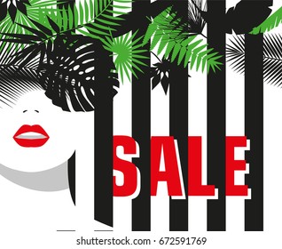 Sale. Banner. Fashion Girl. Tropical Leaves. Bold, Minimal Style. Pop Art. OpArt, Positive Negative Space And Colour. Vector Illustration - Stock Vector