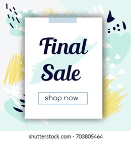 Sale banner with fashionable hand drawn style background. Cold colors. Advertisement design template. For social media, stores and shops