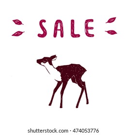 Sale banner with fawn. Vector illustration. Isolated on white background. 