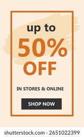 Sale banner up to fifty percent off shop now promotion. Discount advertisement design template. Special offer sale flyer.