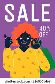 Sale banner in flat style. 40% discount. A woman holds a shopping bag and shows class. Vector illustration.