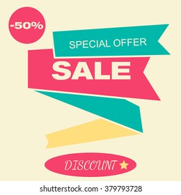 Sale banner in flat style. Sale icon. Special offer -50%. Black friday. Promotion icon. Vector, eps 10