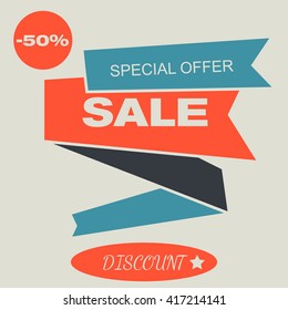 Sale banner in flat style. Sale tag. Sale icon. Sale poster. Sale sign. Sale image. Sale symbol. Special offer 50% off. Discount icon. Promotion icon. Vintage styled banner. Vector illustration, eps10