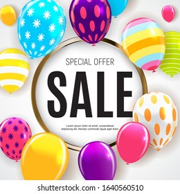 Sale banner with floating balloons. Vector illustration eps10