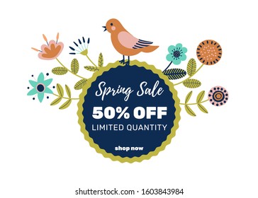 Sale banner with flowers. Floral sale background. Spring sale template poster. Discount flyer. Cartoon flat design. Vector illustration.