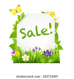 Sale Banner With Flowers And Leaves, Isolated On Brown Background, Vector Illustration