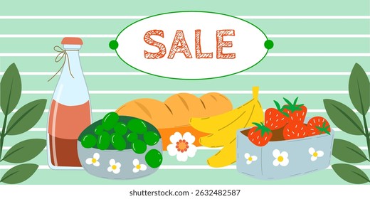 Sale banner with fruits and juice bottle.