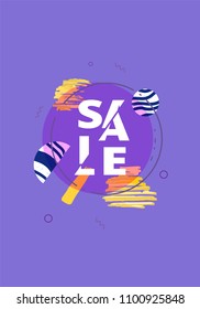 Sale banner with geometric abstract composition. Vertical promotion card with sliced trendy text. Violet poster for advertising design. Vector illustration.