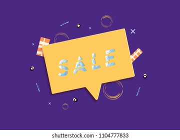 Sale banner with geometric abstract composition. Promotion card with sliced trendy text. Template with speech bubble and decoration for advertising design. Vector illustration.