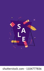 Sale banner with geometric abstract composition. Vertical ultra violet promotion card with  text. Template with decoration for advertising design. Vector illustration.