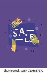 Sale banner with geometric abstract composition. Dark promotion card with sliced trendy text. Violet poster for advertising design. Vector illustration.